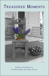 Treasured Moments book cover-porch with old chair, swing, and flowers